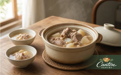 Clay pot of Cantonese soup served on a family dining table