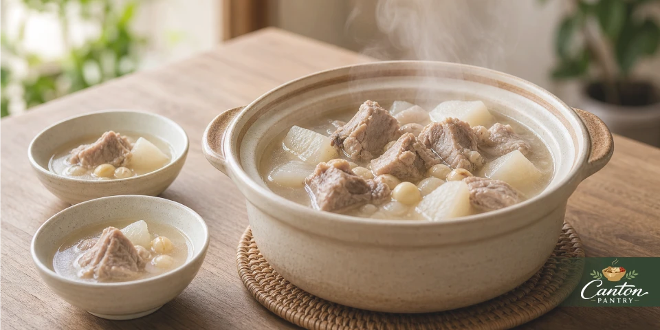 Slow-simmered Cantonese old fire soup in a ceramic pot with bowls nearby