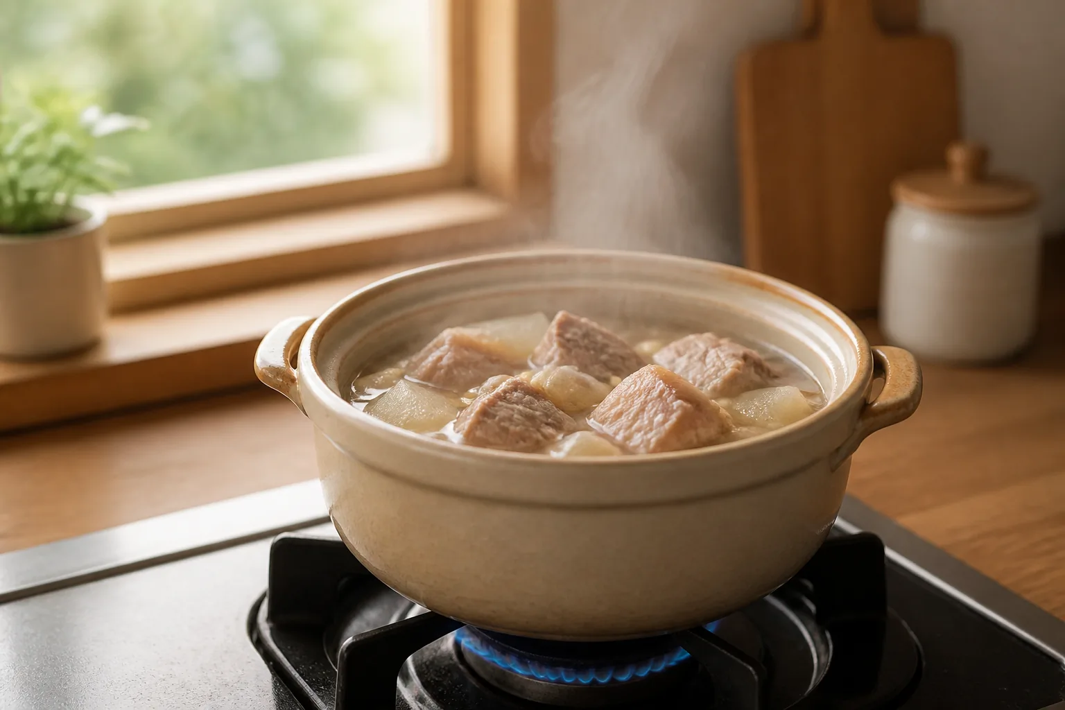 Home kitchen stove with a pot of Cantonese old fire soup slowly simmering