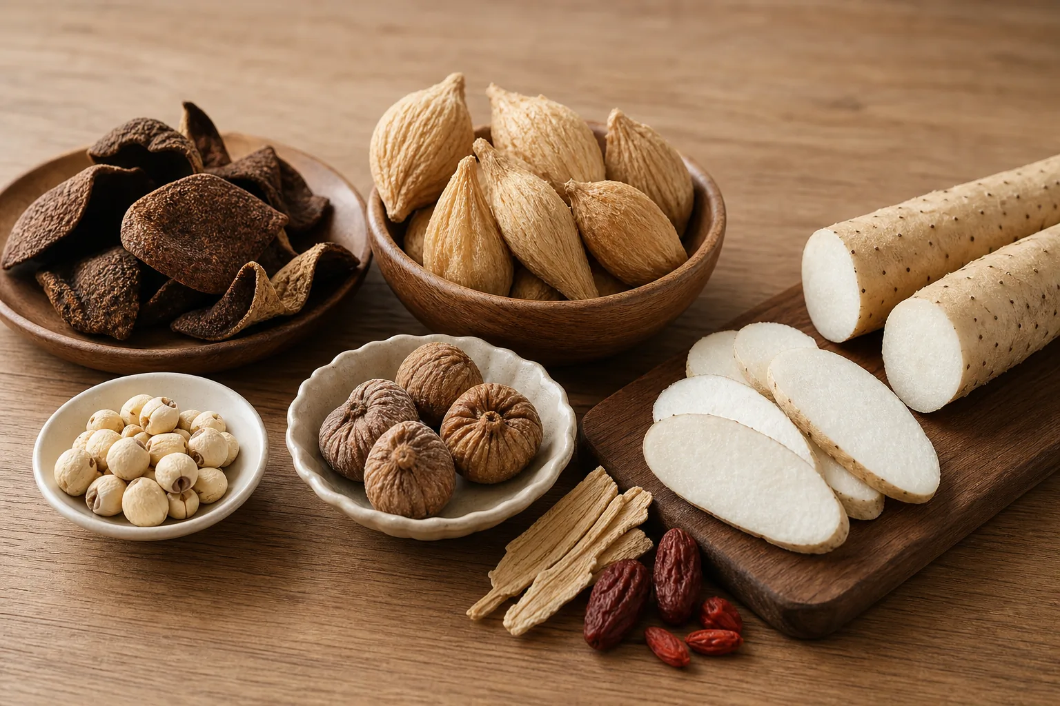 Cantonese soup ingredients such as dried tangerine peel, sea coconut, dried figs, and Chinese yam arranged together