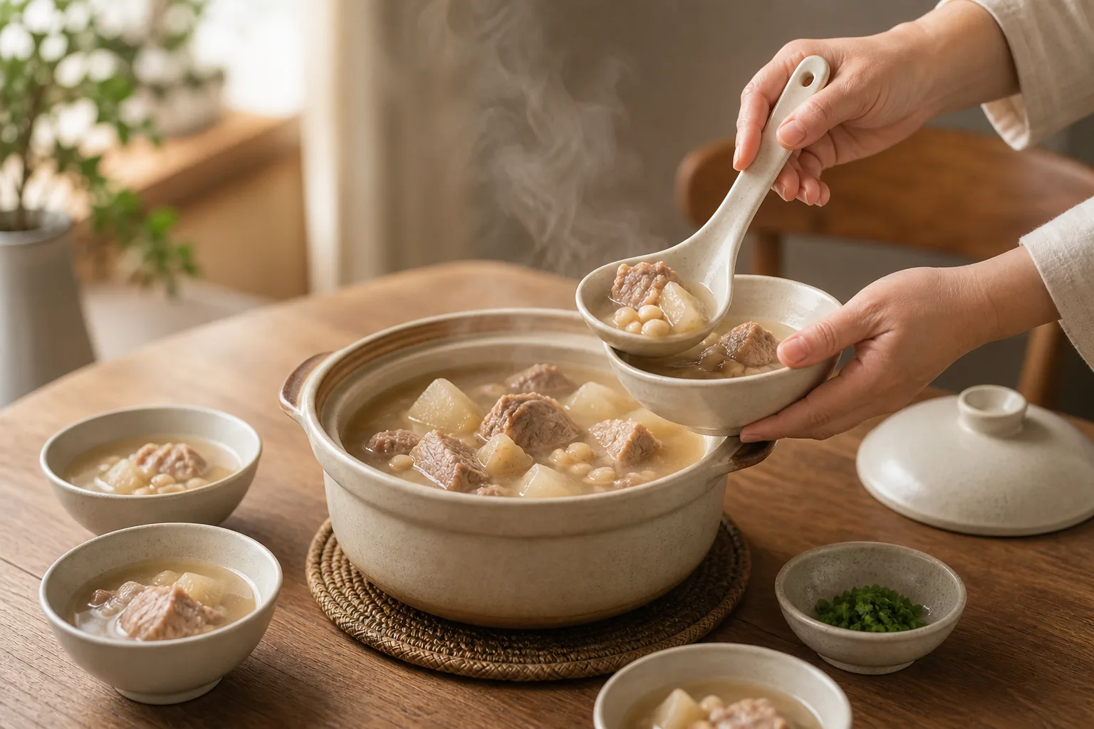 Family-style Guangdong dinner table with soup being served into bowls
