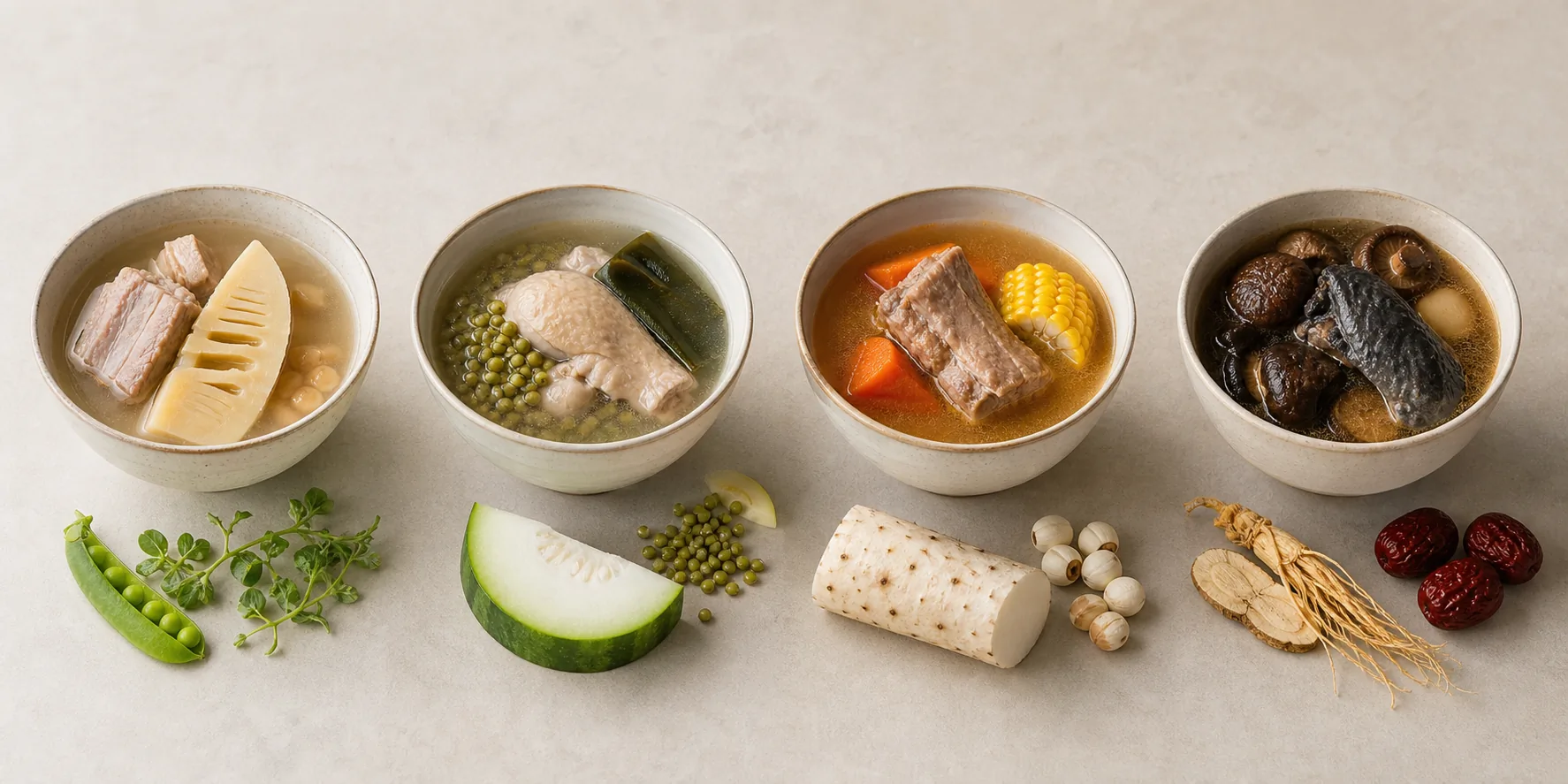 Seasonal Cantonese soups and ingredients representing spring, summer, autumn, and winter