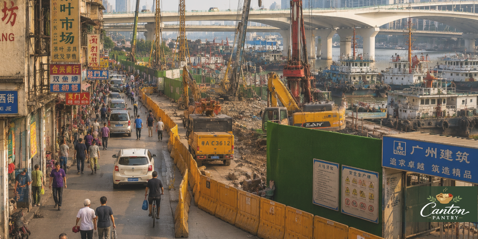 Ruyifang waterfront roadworks with market buildings, heavy equipment, and the bridge overhead