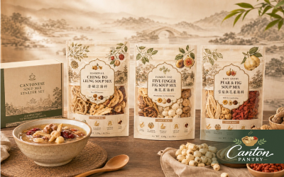 Retail-ready Cantonese soup mix assortment with gift box, stand-up pouches, and a bowl of prepared soup